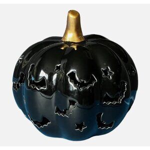 Black Ceramic Pumpkin Lantern With Gold Stem & Bat Cutouts